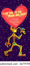 Vector illustration in flat style about outer space and robot. Planets in the universe. Greeting card. Happy Valentines Day