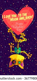 Vector illustration in flat style about outer space and robot. Planets in the universe. Greeting card. Happy Valentines Day