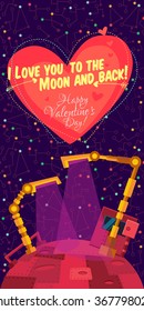Vector illustration in flat style about outer space and robot. Planets in the universe. Greeting card. Happy Valentines Day