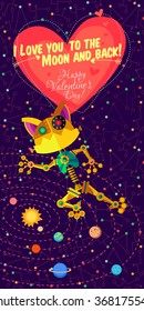 Vector illustration in flat style about outer space and robot. Planets in the universe. Greeting card