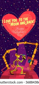 Vector illustration in flat style about outer space and robot. Planets in the universe. Greeting card