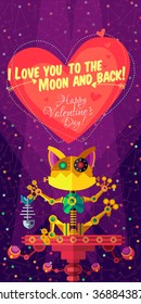Vector illustration in flat style about outer space and robot. Planets in the universe. Greeting card
