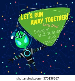 Vector illustration in flat style about outer space and robot. Planets in the universe. Greeting card