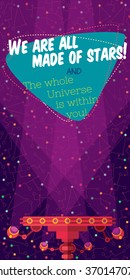 Vector illustration in flat style about outer space and robot. Planets in the universe. Greeting card