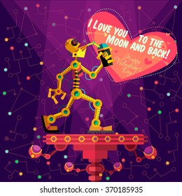 Vector illustration in flat style about outer space and robot. Planets in the universe. Greeting card