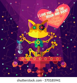 Vector illustration in flat style about outer space and robot. Planets in the universe. Greeting card
