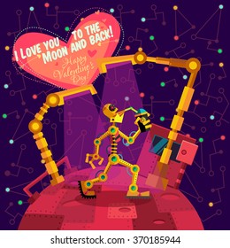 Vector illustration in flat style about outer space and robot. Planets in the universe. Greeting card