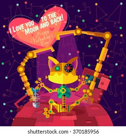 Vector illustration in flat style about outer space and robot. Planets in the universe. Greeting card