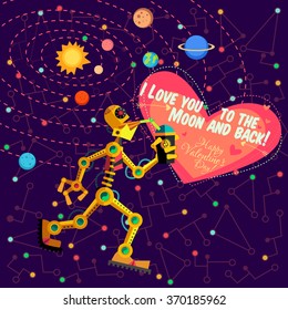 Vector illustration in flat style about outer space and robot. Planets in the universe. Greeting card