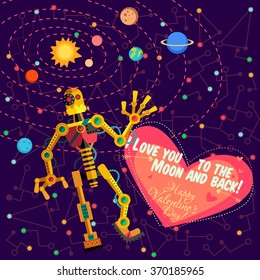 Vector illustration in flat style about outer space and robot. Planets in the universe. Greeting card