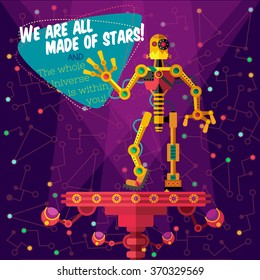 Vector illustration in flat style about outer space and robot. Planets in the universe. Greeting card