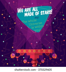 Vector illustration in flat style about outer space and robot. Planets in the universe. Greeting card