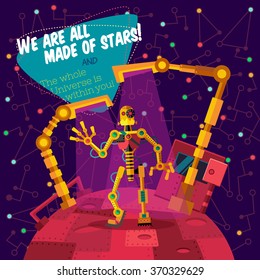 Vector illustration in flat style about outer space and robot. Planets in the universe. Greeting card