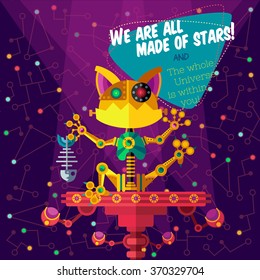 Vector illustration in flat style about outer space and robot. Planets in the universe. Greeting card