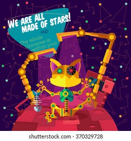 Vector illustration in flat style about outer space and robot. Planets in the universe. Greeting card