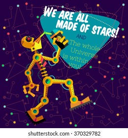 Vector illustration in flat style about outer space and robot. Planets in the universe. Greeting card