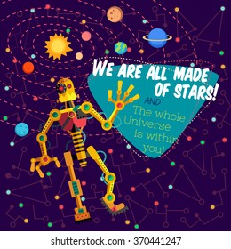 Vector illustration in flat style about outer space and robot. Planets in the universe. Greeting card