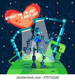 Vector illustration in flat style about outer space and robot. Planets in the universe. Greeting card