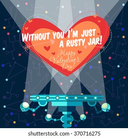 Vector illustration in flat style about outer space and robot. Planets in the universe. Greeting card