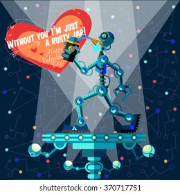 Vector illustration in flat style about outer space and robot. Planets in the universe. Greeting card
