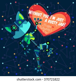 Vector illustration in flat style about outer space and robot. Planets in the universe. Greeting card