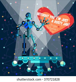 Vector illustration in flat style about outer space and robot. Planets in the universe. Greeting card