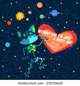 Vector illustration in flat style about outer space and robot. Planets in the universe. Greeting card