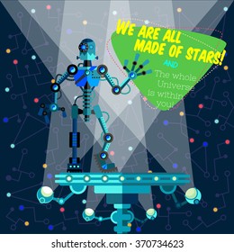 Vector illustration in flat style about outer space and robot. Planets in the universe. Greeting card