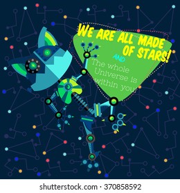 Vector illustration in flat style about outer space and robot. Planets in the universe. Greeting card