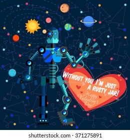 Vector illustration in flat style about outer space and robot. Planets in the universe. Greeting card