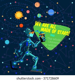 Vector illustration in flat style about outer space and robot. Planets in the univers. Greeting card