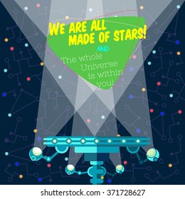 Vector illustration in flat style about outer space and robot. Planets in the univers. Greeting card