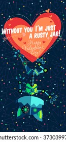 Vector illustration in flat style about outer space and robot. Planets in the univers. Greeting card