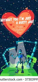 Vector illustration in flat style about outer space and robot. Planets in the univers. Greeting card