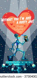 Vector illustration in flat style about outer space and robot. Planets in the univers. Greeting card
