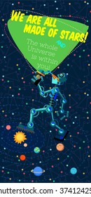 Vector illustration in flat style about outer space and robot. Planets in the univers. Greeting card