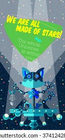 Vector illustration in flat style about outer space and robot. Planets in the univers. Greeting card