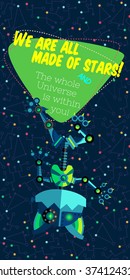Vector illustration in flat style about outer space and robot. Planets in the univers. Greeting card