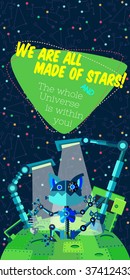 Vector illustration in flat style about outer space and robot. Planets in the univers. Greeting card