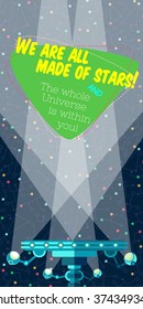 Vector illustration in flat style about outer space and robot. Planets in the univers. Greeting card