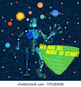 Vector illustration in flat style about outer space and robot. Planets in the universe. Greeting card