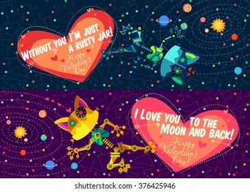 Vector illustration in flat style about outer space and robot. Planets in the univers. Greeting card