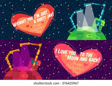 Vector illustration in flat style about outer space and robot. Planets in the univers. Greeting card