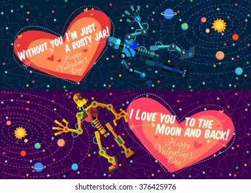 Vector illustration in flat style about outer space and robot. Planets in the univers. Greeting card