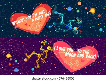 Vector illustration in flat style about outer space and robot. Planets in the univers. Greeting card