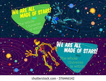 Vector illustration in flat style about outer space and robot. Planets in the univers. Greeting card