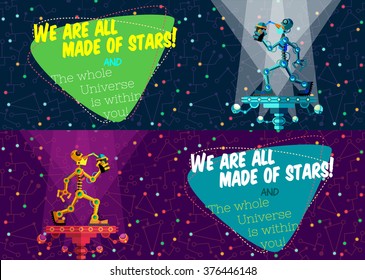 Vector illustration in flat style about outer space and robot. Planets in the univers. Greeting card