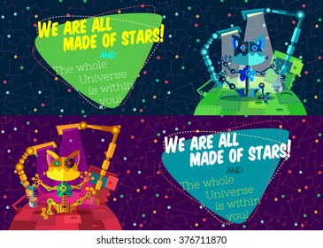 Vector illustration in flat style about outer space and robot. Planets in the univers. Greeting card