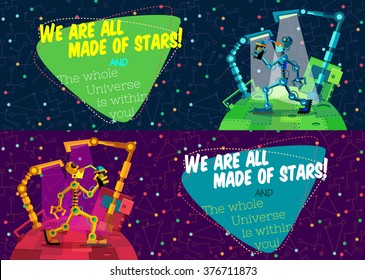 Vector illustration in flat style about outer space and robot. Planets in the univers. Greeting card