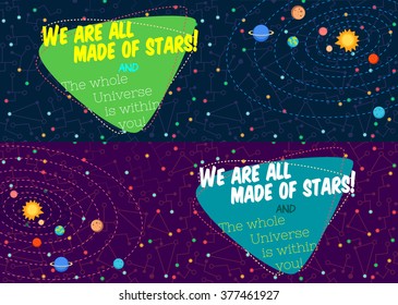 Vector illustration in flat style about outer space and robot. Planets in the universe. Greeting card